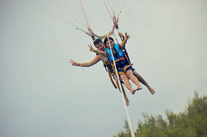 Manuj and his wife doing parasailing in Ile Aux Cerfs Mauritius 