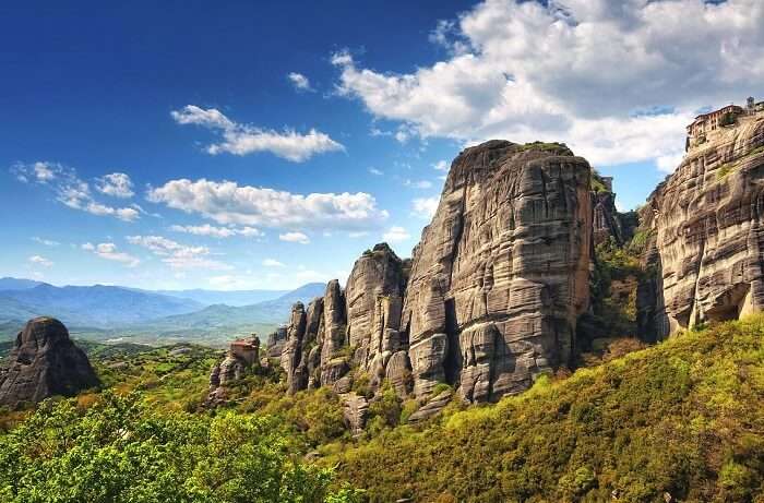 The beautiful valleys and rock formations which hold monasteries at top at Meteora in Greece