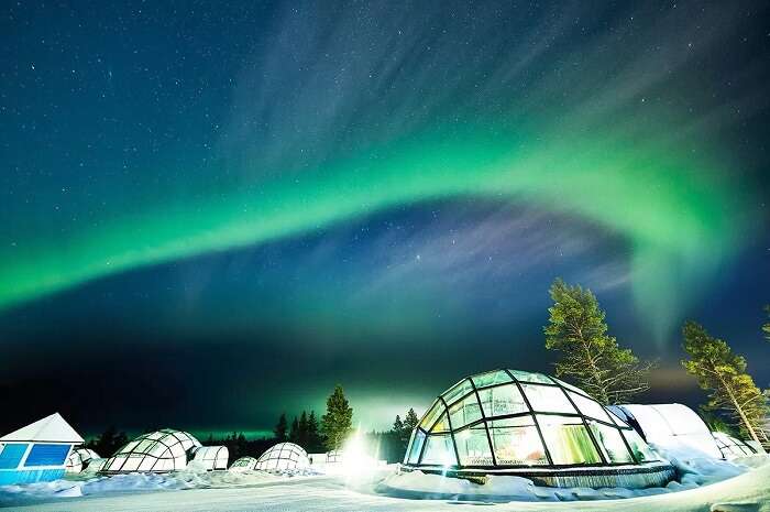 The view of striking Northern Lights from the Glass Igloos in Finland