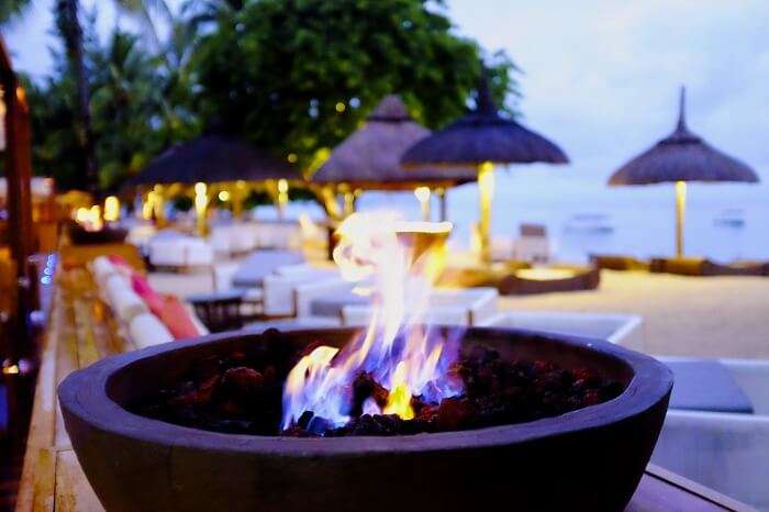 Fire bowl on the beach in Zoobar – one of the most hep gems of nightlife in Mauritius
