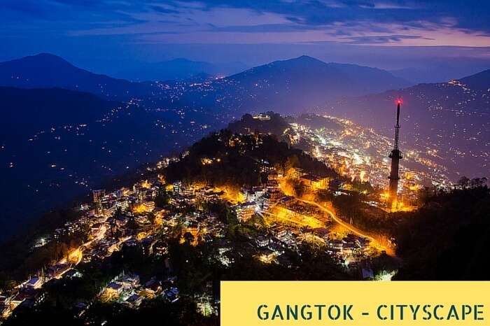 An bird-eye view of the cityscape of the Gangtok city at night