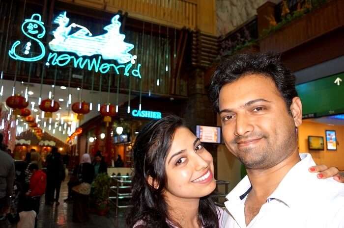 Bhargav and his wife in Snow World in Genting Island