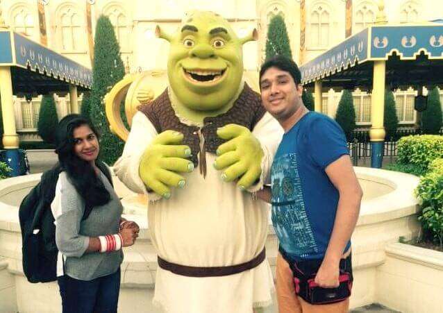 Kavya and Ram with Shrek at the Universal Studio