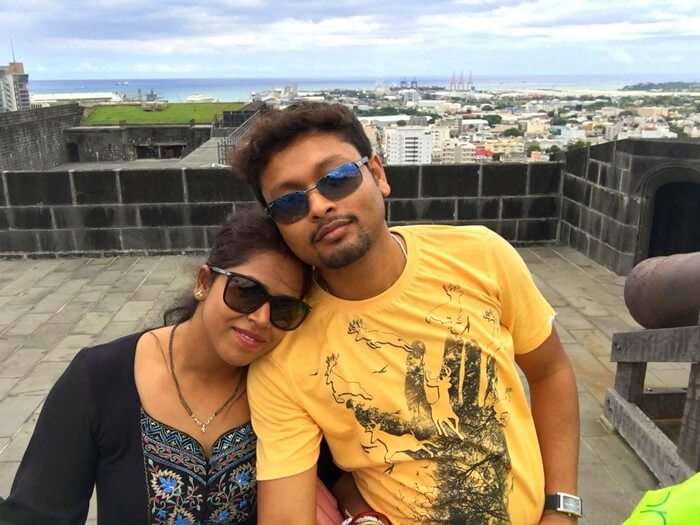 Sandeep and his wife at Fort Adelaide in North Island in Mauritius