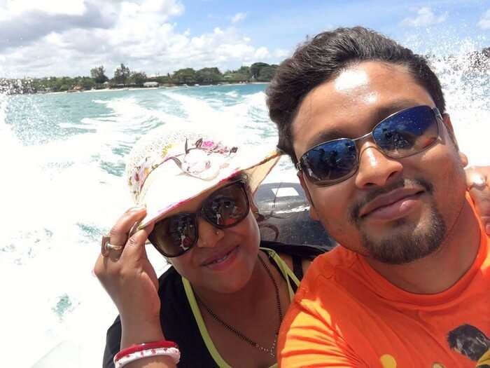 Sandeep and Samatha on a speed boat in Mauritius