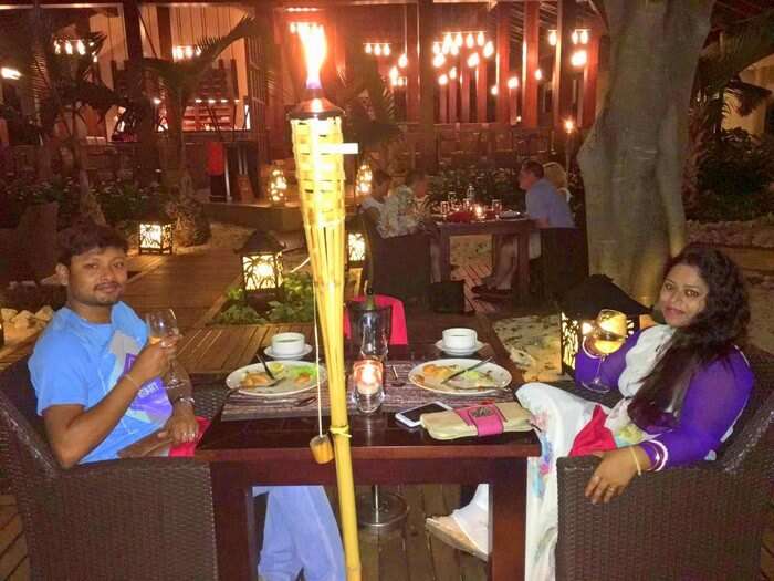 Sandeep and his wife dining at the InterContinental Resort in Mauritius