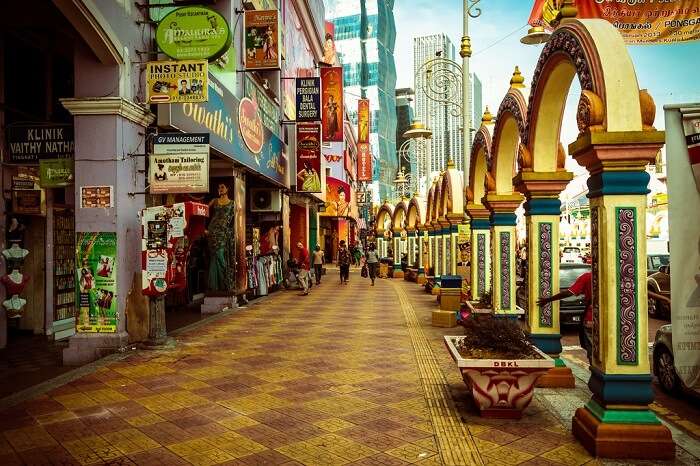 Colorful façade of Little India of Brickfields attracts many tourists in Kuala Lumpur