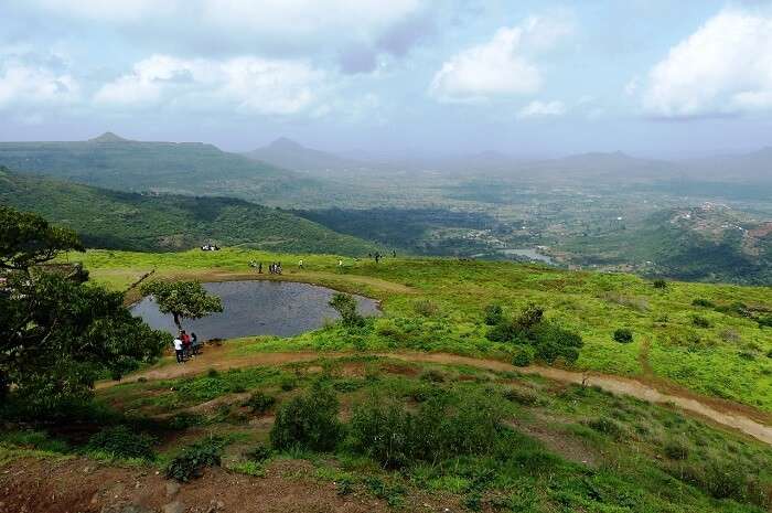 The mystical lake at the top of Lohagad Fort in Pune