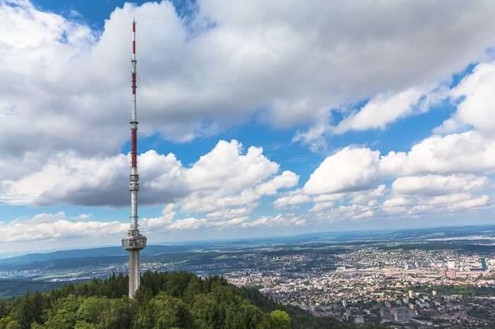 The television tower atop the Uetliberg mountain overlooking the Zurich city