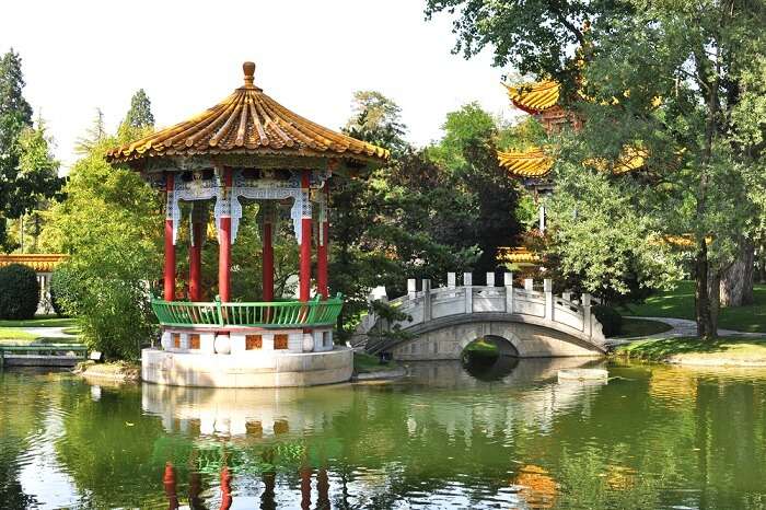 The beautiful temple garden by the lake at the Chinese Garden in Zurich