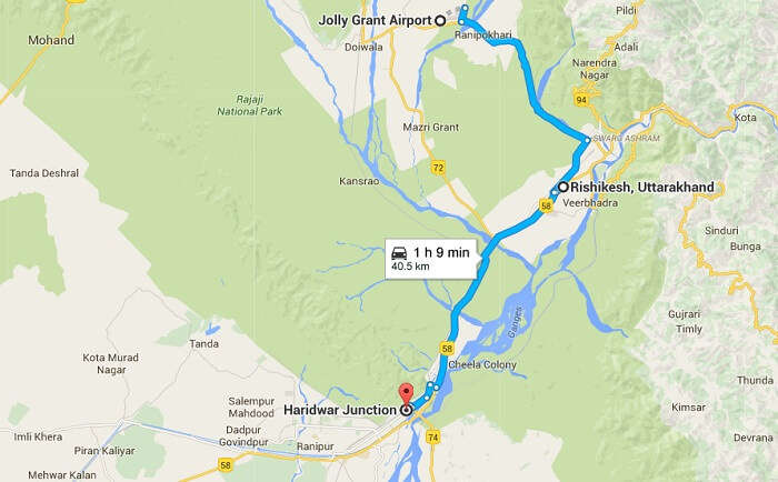 A google map image showing the nearest railway station and airport to Rishikesh