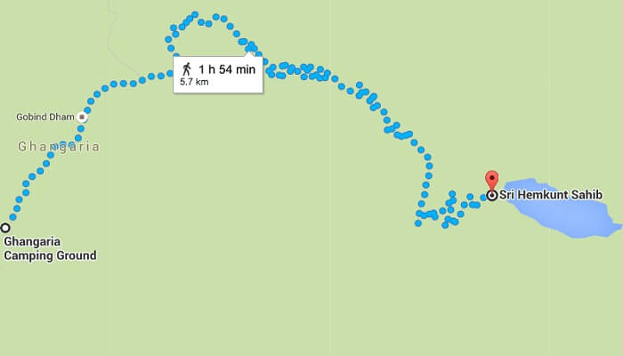 Route of the trek from Ghangaria to Hemkunt Sahib