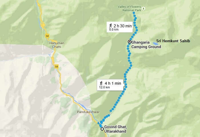 The google map route of the trek to Valley of Flowers