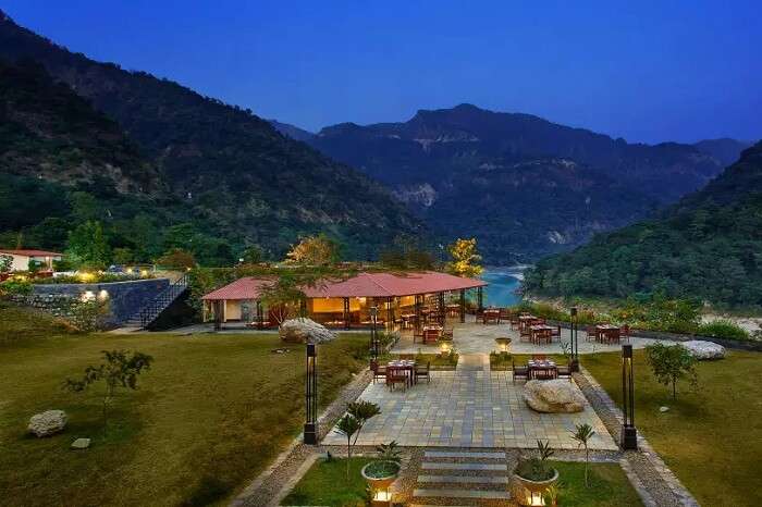 Alfresco dining facility at the beautiful Aloha on the Ganges Resort In Rishikesh
