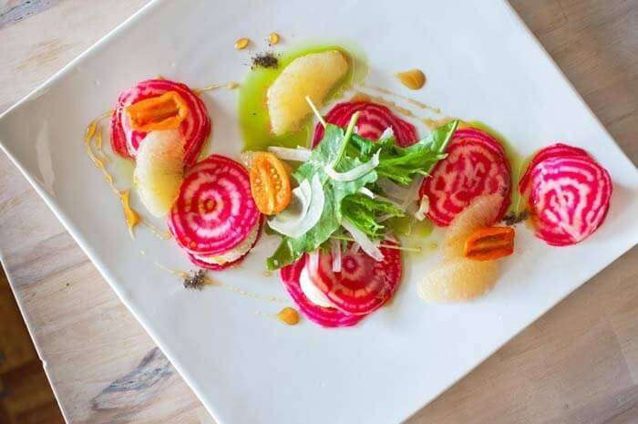 Raw Beet Ravioli, a vegan dish served at The Acorn in Vancouver