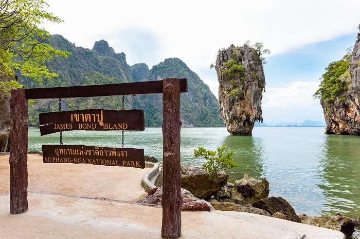Nameplate attractions viewpoint at beach seaside of Khao Tapu or James Bond Island in Ao Phang Nga Bay National Park