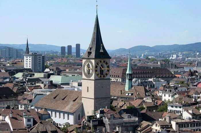 The large clock tower of the St Peter Church in Zurich