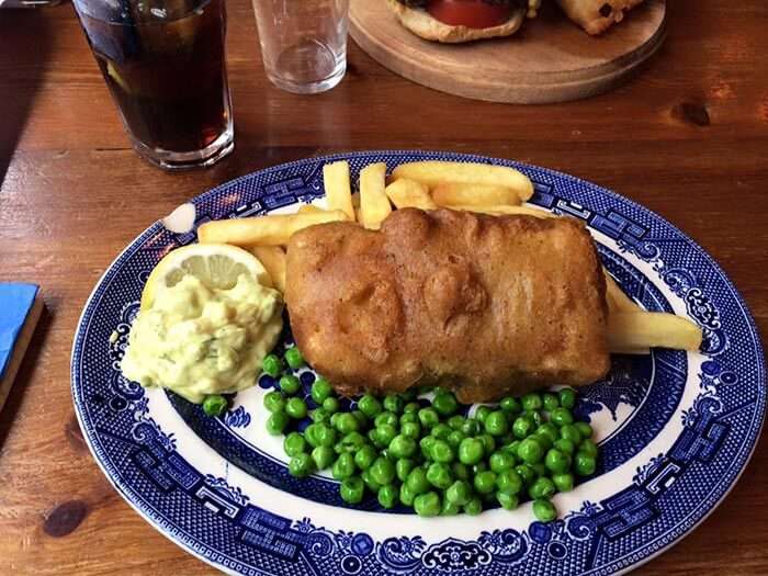 Vegetarian fish ‘n’ chips served at Coach and Horses in London