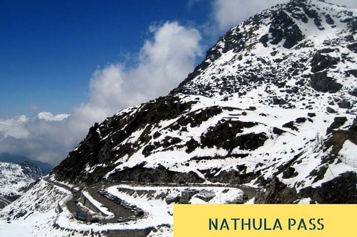 An aerial view of the rock-cut narrow stretches of road near Nathula Pass