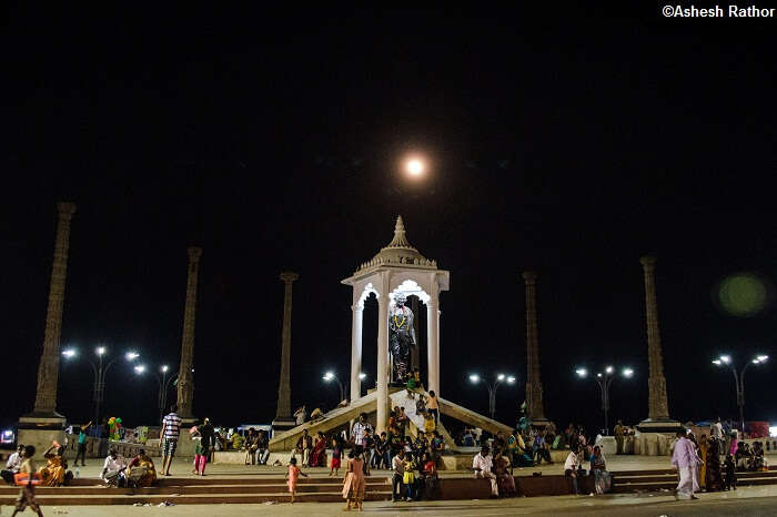 A four-meter statue of Mahatma Gandhi is surrounded by eight granite pillars at Goubert Avenue Beach Road in Pondicherry