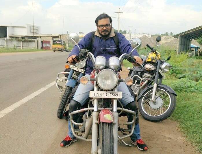 Sundar on his Royal Enfield Thunderbird