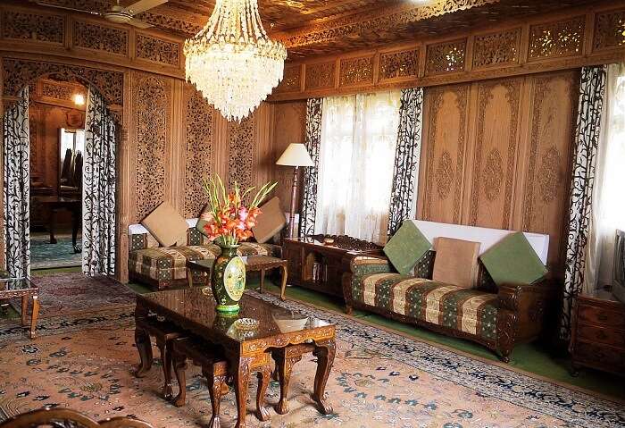 Houseboats in Srinagar come complete with facilities like this beautifully designed living area