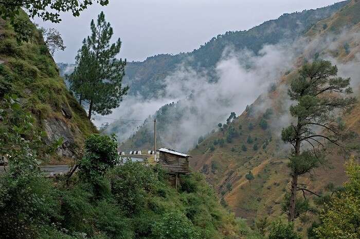 The road along the cloud-covered hills in Kasauli