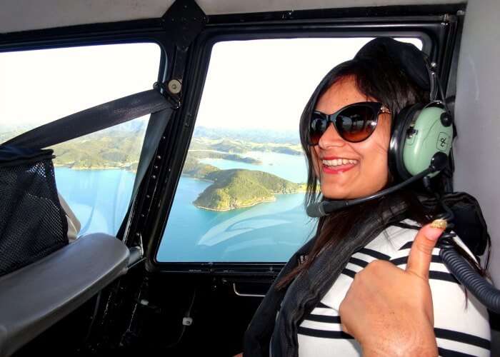 Ankita on the Helicopter Tour of Bay of Islands in New Zealand