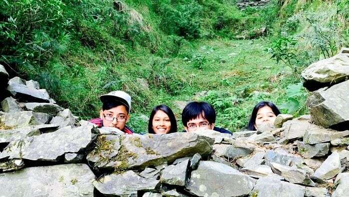 Travelers having fun on a forest trek in Mashobra