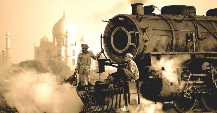 A vintage photo of India showing a steam engine and the Taj Mahal