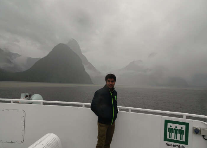 Vinamra and Ankita on the Milford Sound Cruise in New Zealand
