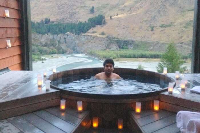 Vinamra in the Onsen Hot Water Pool in Queenstown