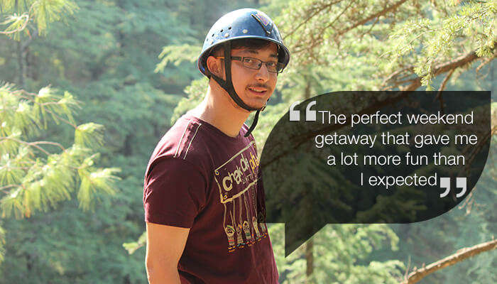 A traveler all saddled up for adventure activities in Mashobra