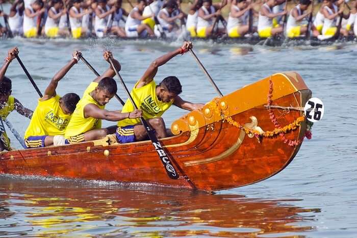 Rowers competing in the Nehru Boat Race in Alappuzha