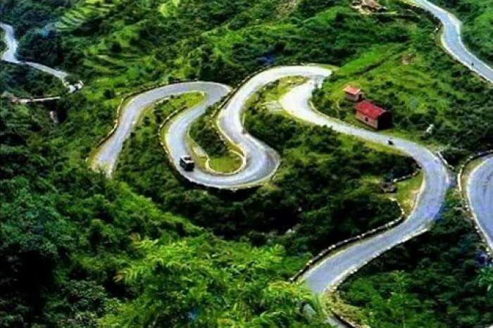 An aerial view of the Camel’s Back road