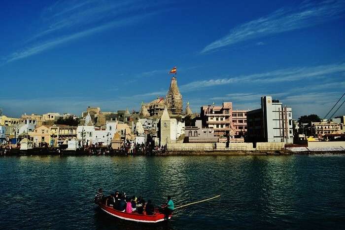 A boat carrying pilgrims to the Dwarkadheesh Temple