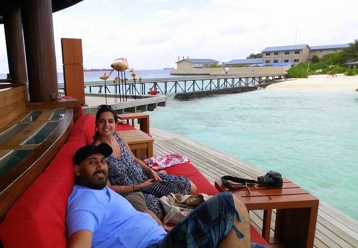 Angad and his wife relax by the ocean in Maldives