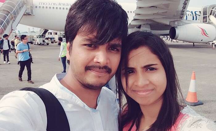 Badri and his wife at the Maldives airport