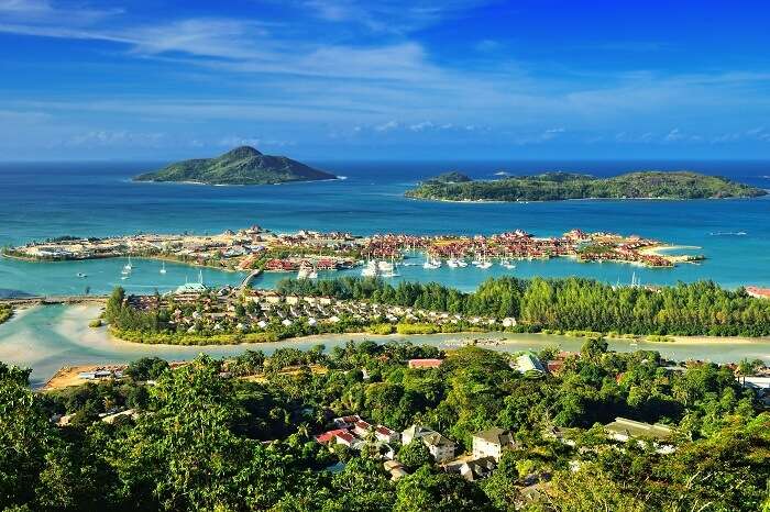 Aerial view on the coastline of the Seychelles Islands and luxury Eden Island from Victoria viewpoint in Mahé