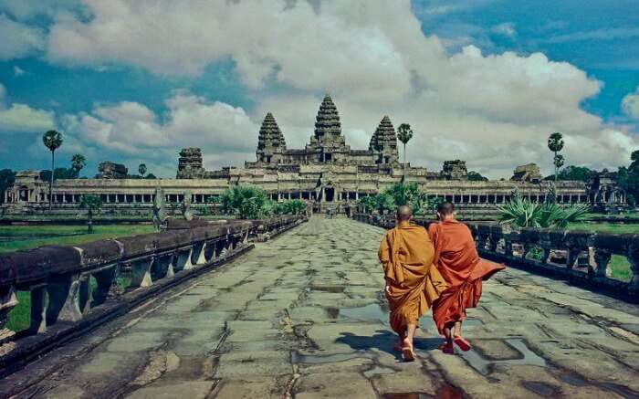 Angkor Wat - a UNESCO World Heritage Site with curved sloping roofs and elaborate chambers