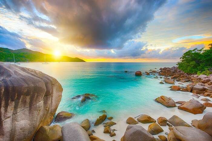 Beautiful sunset over the famous beach Anse Lazio in Praslin island