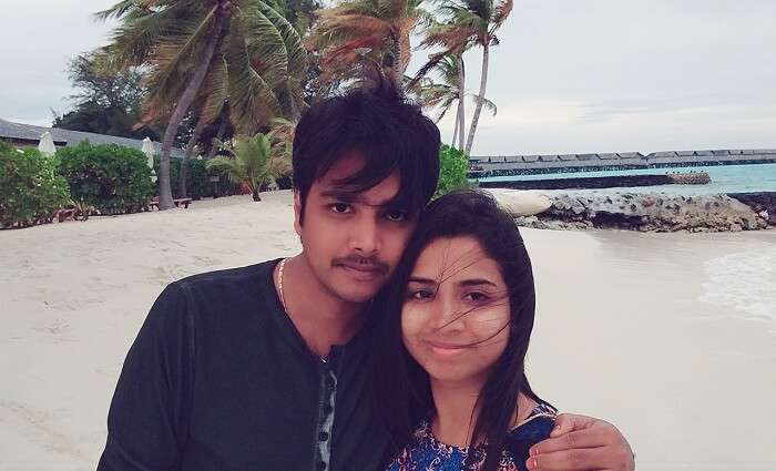 Badri and his wife pose for a photo in Maldives