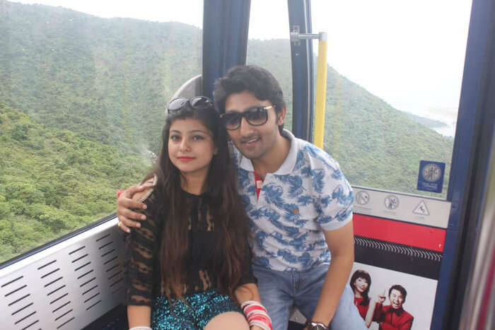 Mitul and his wife on a cable car ride in Hong Kong