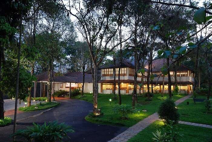 The beautiful facade of Greenwood Resort - one of the best resorts in Thekkady