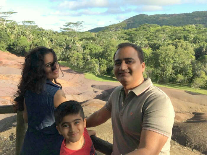 Raj Kumar and his family at the Trou aux Cerfs in Mauritius