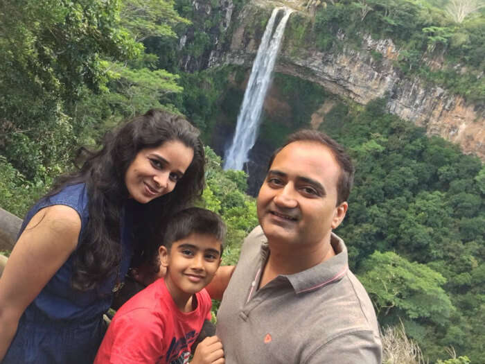 Raj Kumar and his family at the Chamarel Waterfall in Mauritius