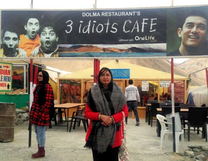 Anuradha at the 3 idiots cafe in Leh