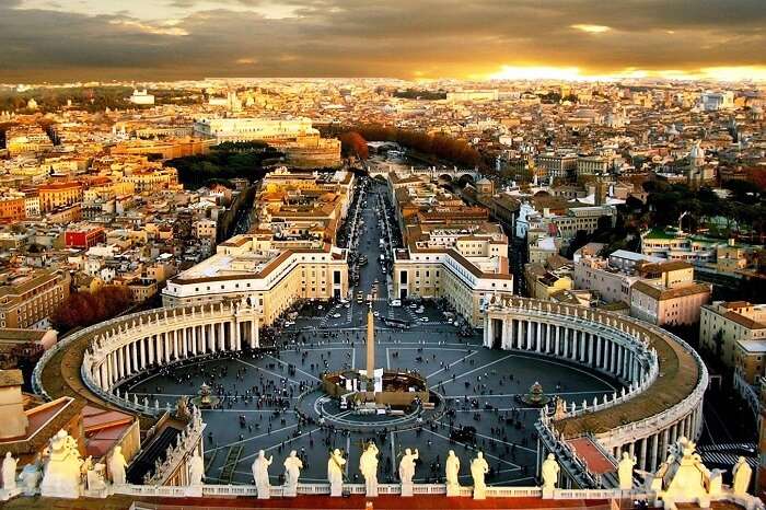 The entry to the famous St. Peter’s Square marks the border between Italy and the sovereign Catholic city-state of Vatican City.