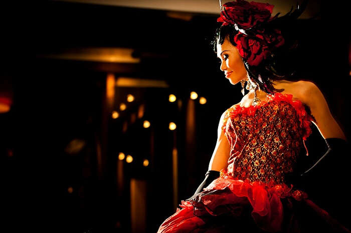 A ladyboy in glittering clothes at one of the prominent Cabarets of Koh Samui