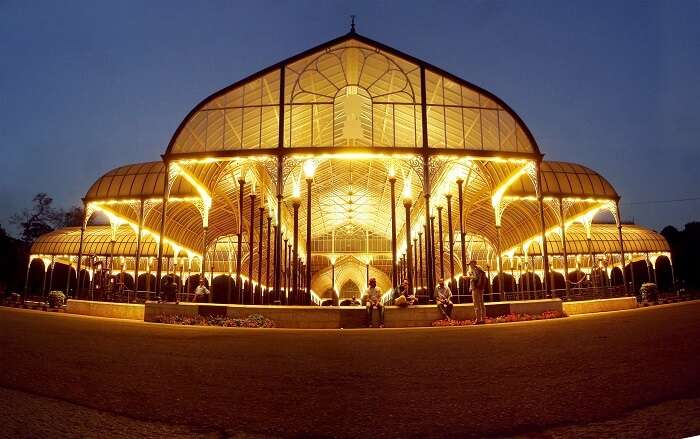 Iridescent Lalbagh Glasshouse at night in Bangalore - the ultimate tourist place in Karnataka
